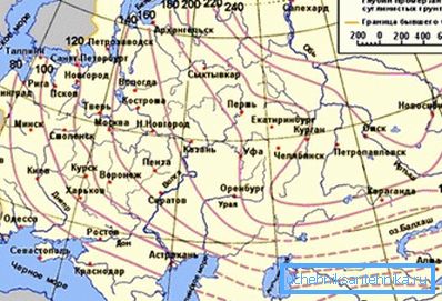 Mapa zobrazuje hodnoty hloubky zamrznutí pro různé oblasti postsovětského prostoru (mezilehlé hodnoty se určují interpolací) Mapa zobrazuje hodnoty hloubky zamrznutí pro různé oblasti postsovětského prostoru (mezilehlé hodnoty se určují interpolací)