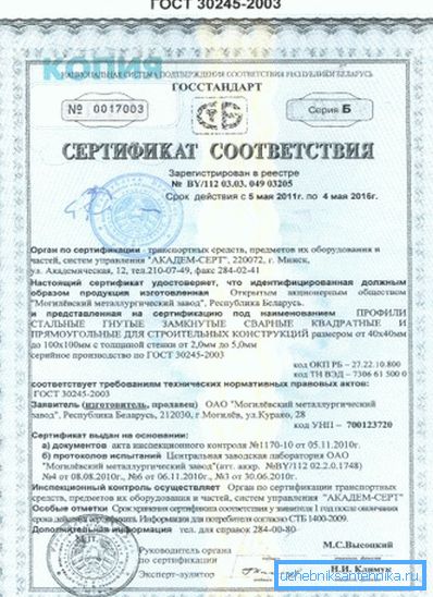 Certifikát shody GOST 30245-2003.