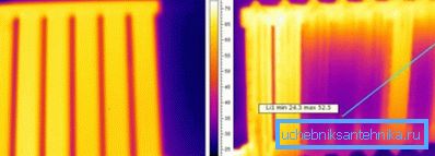 Termogram: vlevo je vakuový radiátor, vpravo je stará litina (znatelný efekt ucpání) Termogram: vlevo je vakuový radiátor, vpravo je stará litina (znatelný efekt ucpání)